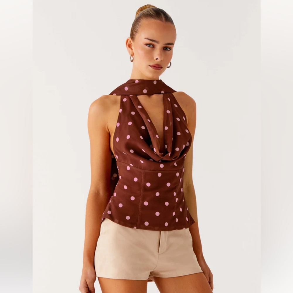 Brown Polka Dot Backless Halter top with scarf